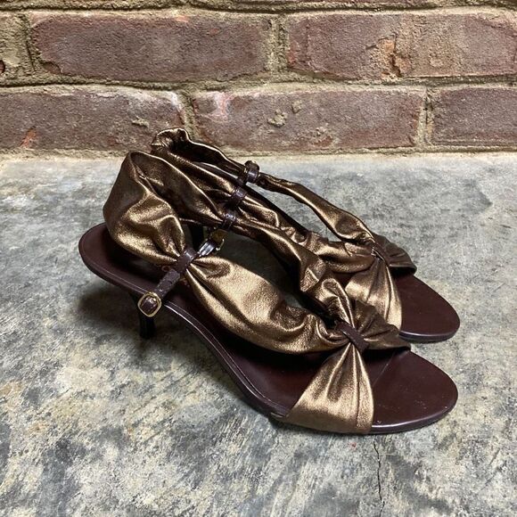 Arturo Chiang Gold/Bronze Leather Sling Back Sandal Heel Size 7 - Picture 2 of 9